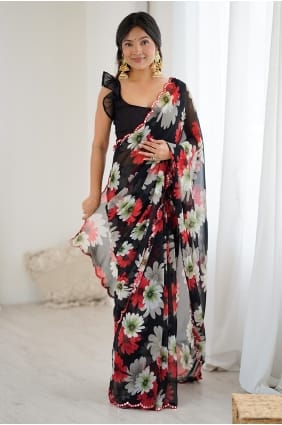 Sari noir en georgette imprimée à miroir avec chemisier assorti SR30067