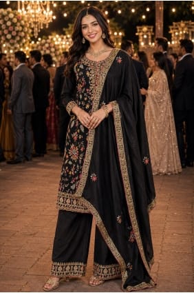 Salwar Kameez noir avec miroir et mousseline de soie SK159138