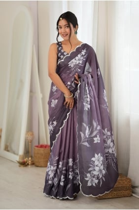 Sari Mouve en mousseline de soie imprimée de miroirs SR30286