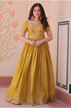 Robe brodée marron en fausse georgette GW1147