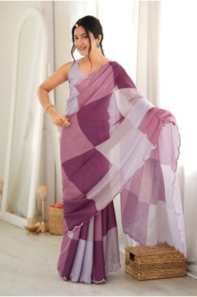 Sari en mousseline de soie Chinon multicolore à imprimé miroir avec chemisier assorti SR30282