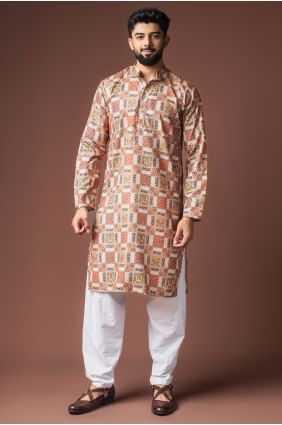 Kurta pour homme en lin multicolore imprimé numérique avec dupatta KURR581