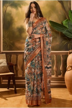 Sari multicolore en lin imprimé avec blouse assortie SR29322