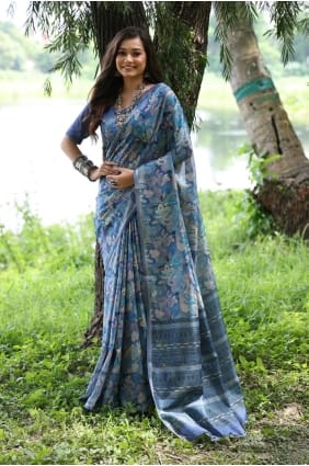 Sari multicolore imprimé en soie tussar avec blouse assortie SR29337