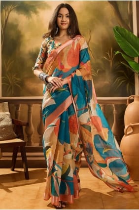 Sari multicolore en lin imprimé SR29318