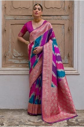 Sari multicolore en soie brute de Banaras tissé SR29240