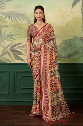 Sari en crêpe imprimé multicolore avec chemisier assorti, orné de miroirs. SR30186