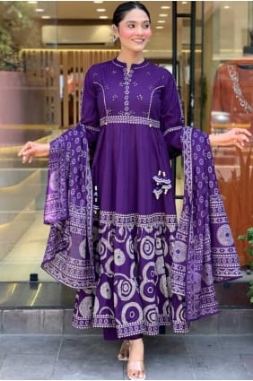 Ensemble Anarkali en mousseline brodée violette AS4156