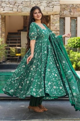 Salwar Kameez vert avec mousseline imprimée AS4315