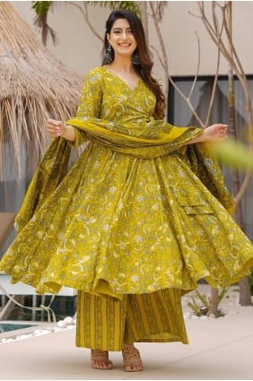 Salwar Kameez en mousseline imprimée olive AS4314