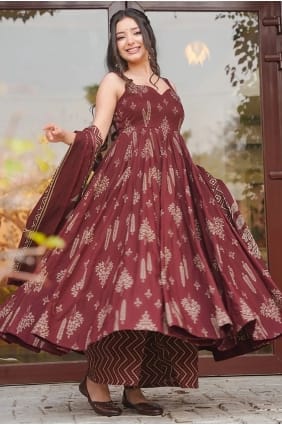 Ensemble palazzo en mousseline imprimée marron avec dupatta PZ4448