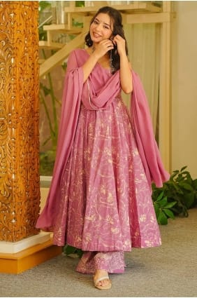 Ensemble Anarkali en mousseline imprimée rose AS4345