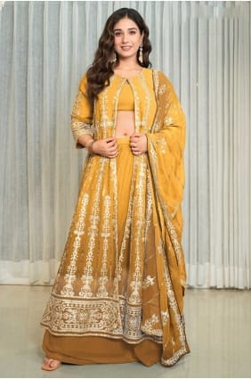 Kurta indo-occidentale en georgette couleur moutarde avec broderies SK155827