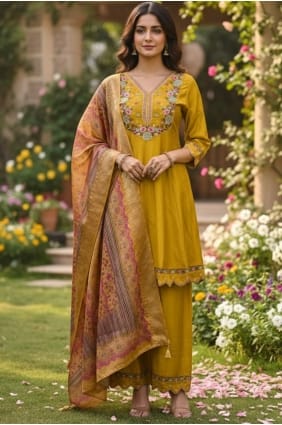 Salwar Kameez brodé en soie moutarde pour l'Aïd avec dupatta SK155968
