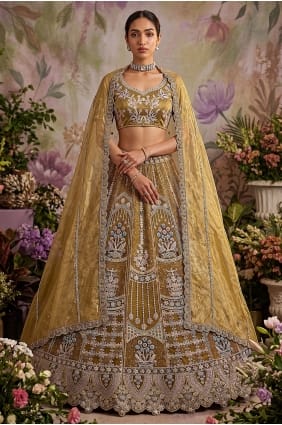 Lehenga Choli en dentelle résille moutarde avec dupatta LC9026