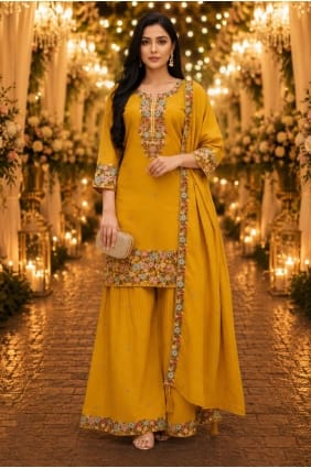 Ensemble palazzo moutarde brodé à paillettes avec dupatta PZ4491