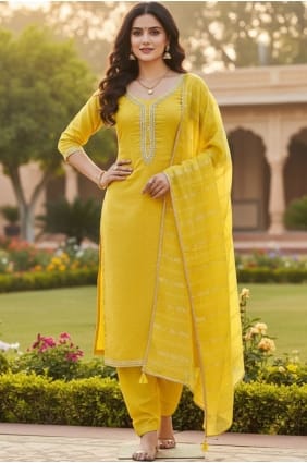 Chanderi Brodé Moutarde Salwar Kameez avec Dupatta SK15683