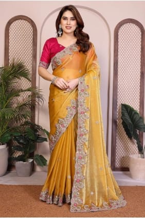 Sari en mousseline moutarde avec broderies SR29847