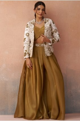 Ensemble palazzo moutarde en soie avec broderies PZ4501
