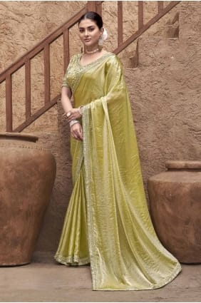 sari en satin brodé moutarde SR28049