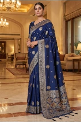 Sari en soie Banarasi bleu marine avec broderie SR29673