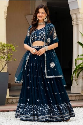 Lehenga Choli en georgette synthétique beige brodée LC9058