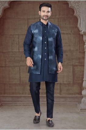 Kurta homme bleu marine en tissage de soie KURR467