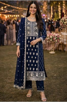 Salwar Kameez en georgette à sequins bleu marine avec dupatta SK156074