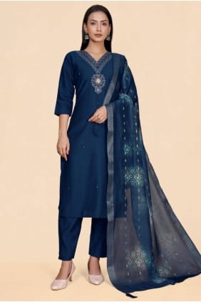 Ensemble droit bleu marine en viscose, confectionné à la main, avec dupatta SK156126