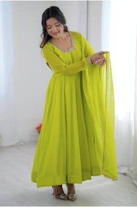 Ensemble Anarkali néon en georgette avec dentelle AS4350