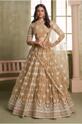 Lehenga choli beige brodé en filet avec dupatta LC8688