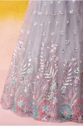 Lehenga Choli grise avec tulle brodé LC8869