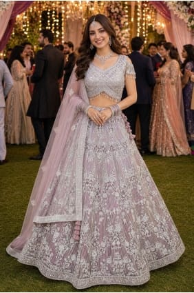 Lehenga Choli grise en tulle brodé LC9047