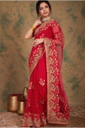 Sari en filet brodé rouge SR29276