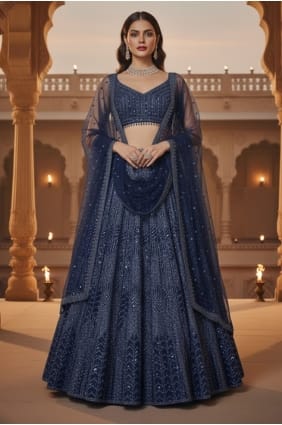 Lehenga Choli bleu en résille à sequins avec dupatta LC8961