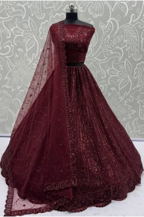 Lehenga Choli en filet bordeaux orné de pierres et de perles LC8714