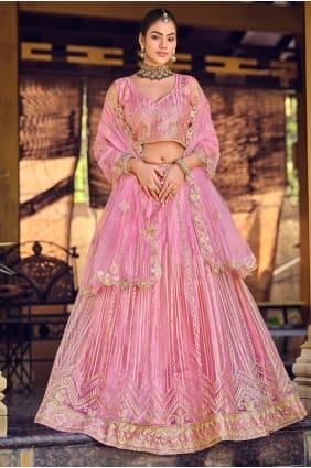 Lehenga Choli rose en tulle brodé LC8820