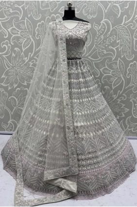 Lehenga Choli en filet brodé blanc avec dupatta LC8757