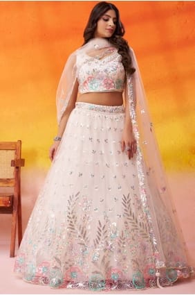 Lehenga Choli crème avec tulle brodé LC8868