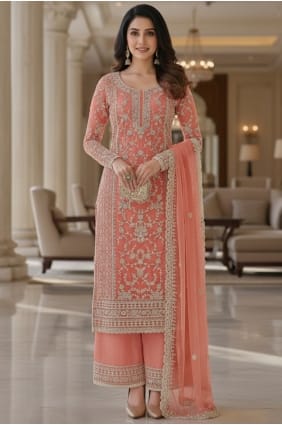 Ensemble palazzo en résille couleur pêche avec broderies PZ4466
