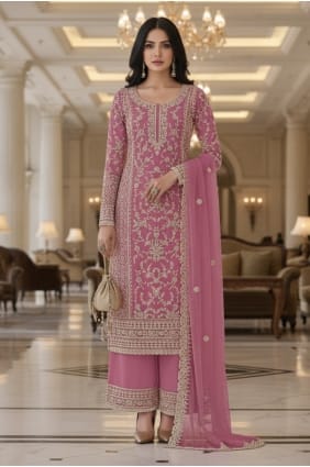 Ensemble palazzo en résille brodée rose avec dupatta PZ4475