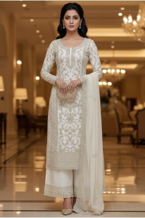 Ensemble palazzo en résille brodée blanche avec dupatta PZ4465
