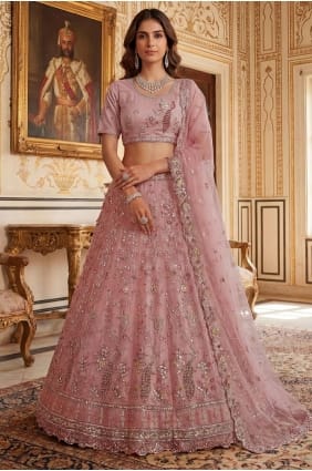 Lehenga Choli de mariage en tulle brodé rose LC8937