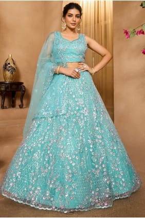 Lehenga Choli en résille vert d'eau LC8775