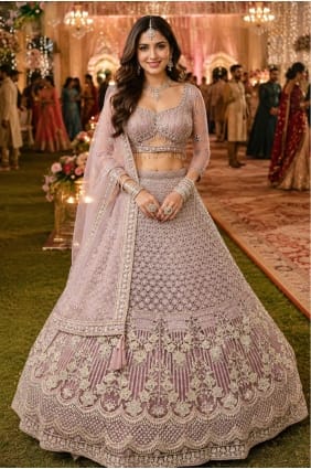 Lehenga Choli rose en résille avec fil LC9079