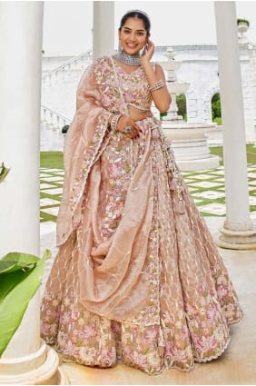 Lehenga Choli brodé en satin rose nude LC8749