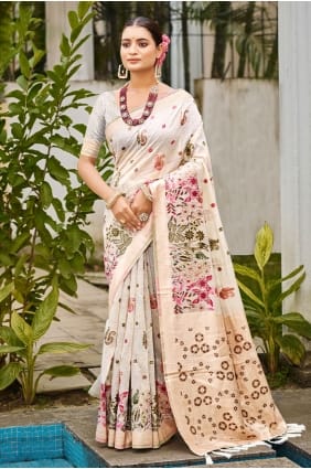 Sari en coton brodé blanc cassé SR29841