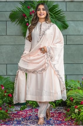 Ensemble Anarkali en mousseline unie blanc cassé AS4322