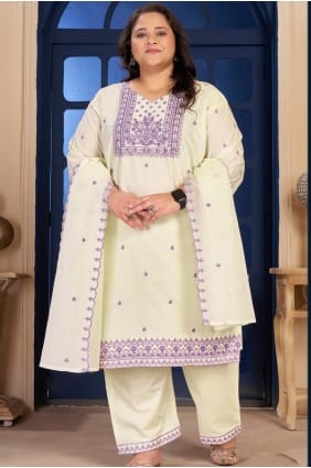 Salwar Kameez blanc cassé en coton brodé SK159152
