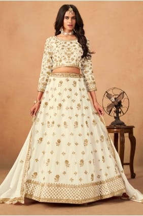 Lehenga Choli blanc cassé brodé en organza avec dupatta LC8722